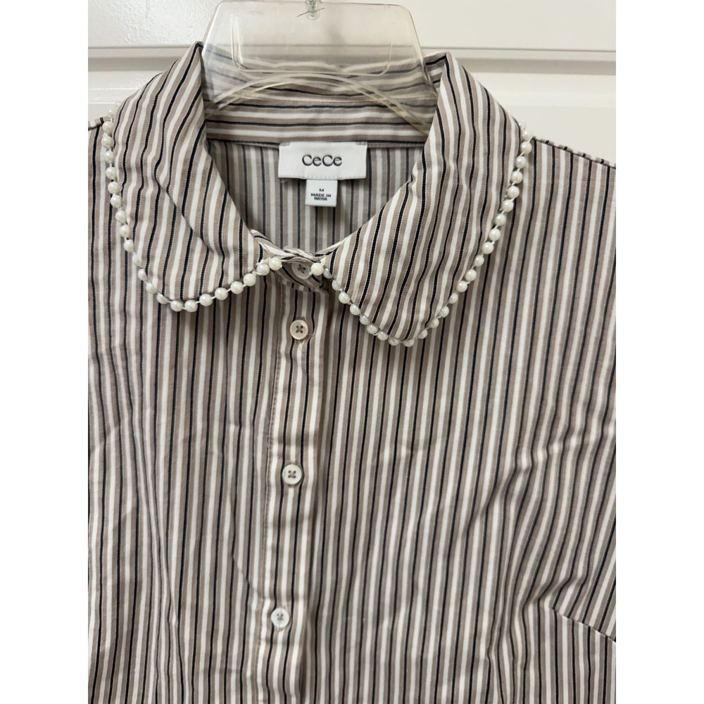 CeCe Striped Pearl Bead Trim Cotton Blouse Tan Navy White Medium